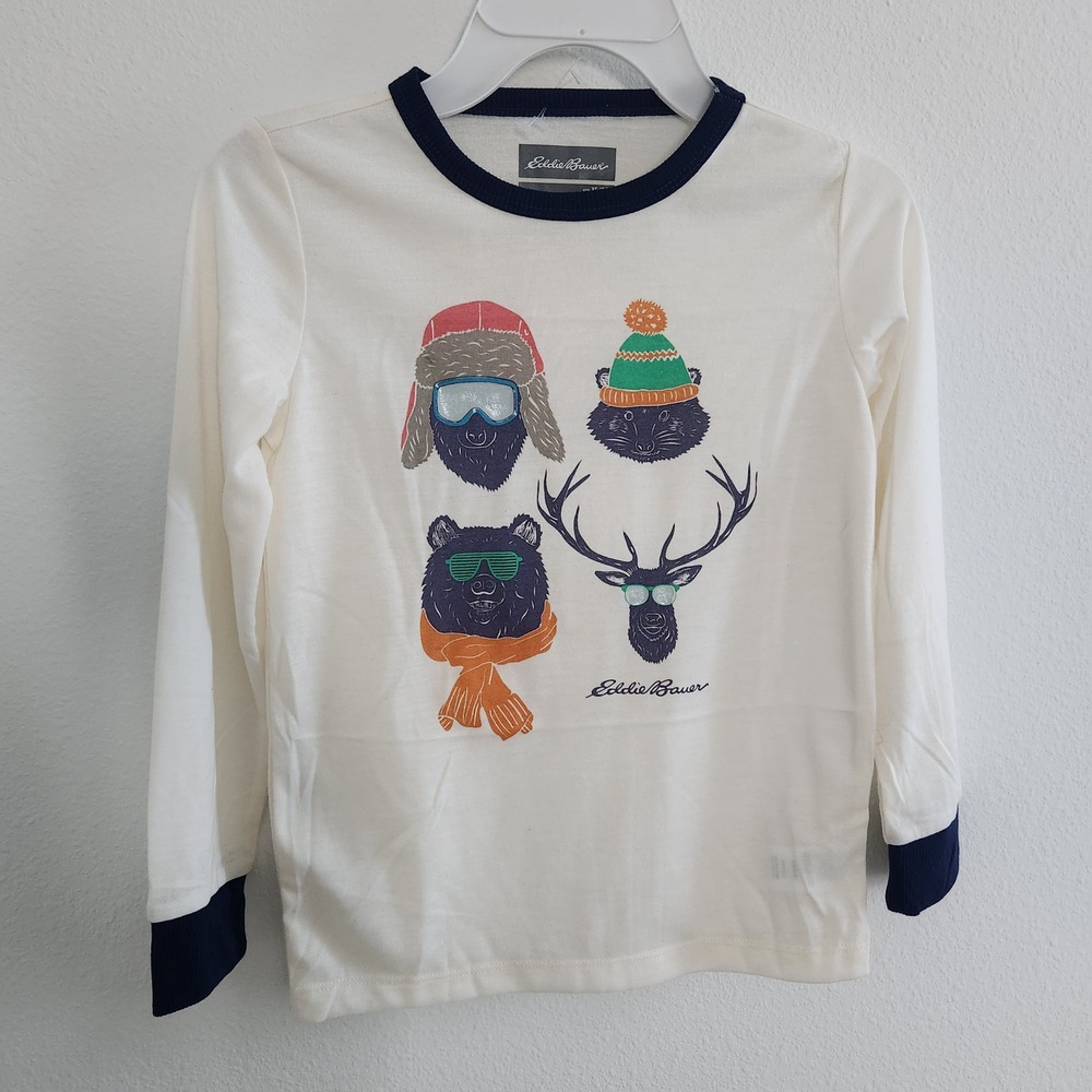Eddie Bauer Kids‎ Long Sleeve Graphic Tee Shirt Cream Blue Size XS 5-6 NWOT
